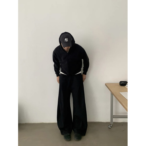 美式復古小衆解搆設計打褶廓形彎刀休閒褲衛褲男女直筒寬松濶腿褲
