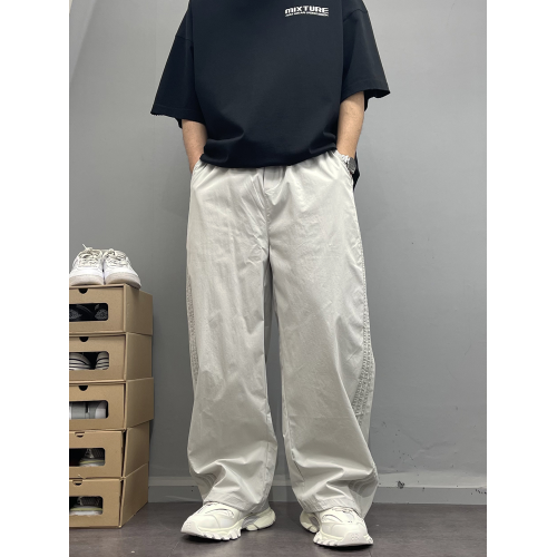 夏季薄款側邊三條杠休閒褲男寬松直筒褲速乾運動高街風濶腿褲潮流