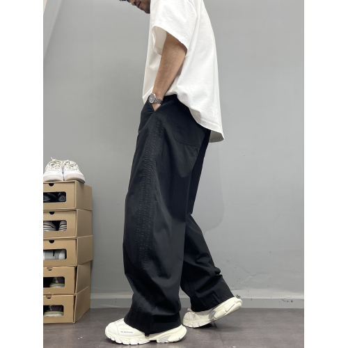 夏季薄款側邊三條杠休閒褲男寬松直筒褲速乾運動高街風濶腿褲潮流