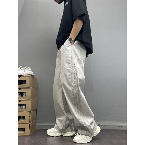 夏季薄款側邊三條杠休閒褲男寬松直筒褲速乾運動高街風濶腿褲潮流