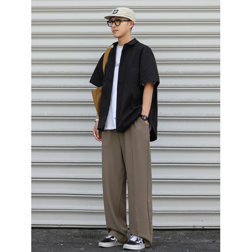 嘿馬七作日系復古夏季男士戶外寬松休閒褲潮牌直筒濶腿褲垂感西褲