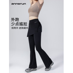 annerun假兩件瑜伽褲女高腰提臀微喇褲健身高彈緊身運動褲喇叭褲