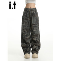 it :5cm/FIVECM美式松緊腰抽繩迷彩工裝濶腿褲男女2025夏直筒長褲