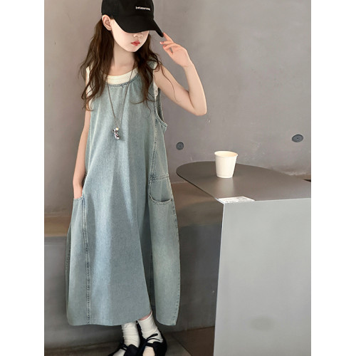 女童無袖連衣裙夏2025新款中大童牛仔拼接背心裙子韓版公主裙洋氣