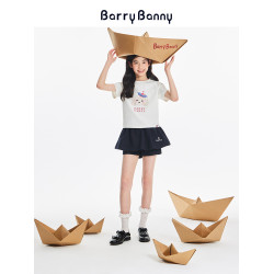 BarryBanny女童短袖T恤夏季新款中大童小狗刺綉圓領修身短款上衣