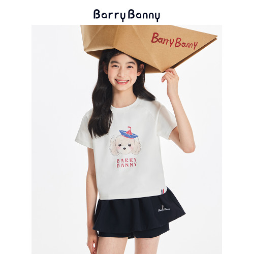 BarryBanny女童短袖T恤夏季新款中大童小狗刺綉圓領修身短款上衣
