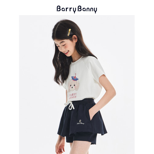 BarryBanny女童短袖T恤夏季新款中大童小狗刺綉圓領修身短款上衣