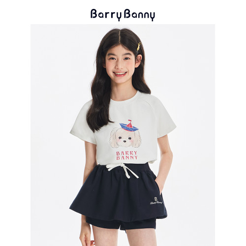 BarryBanny女童短袖T恤夏季新款中大童小狗刺綉圓領修身短款上衣