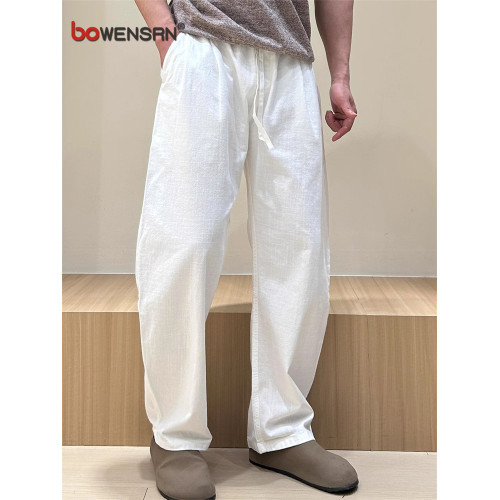 白色亞麻感彎刀休閒褲男士2025新款夏季薄款男褲速乾濶腿褲子男款