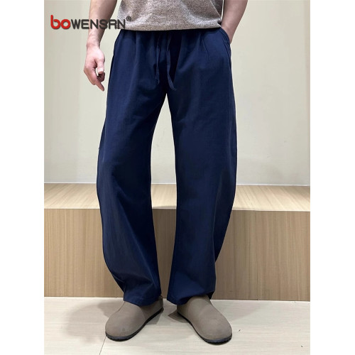 白色亞麻感彎刀休閒褲男士2025新款夏季薄款男褲速乾濶腿褲子男款