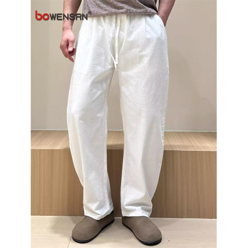 白色亞麻感彎刀休閒褲男士2025新款夏季薄款男褲速乾濶腿褲子男款