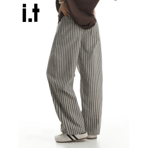 it :5cm/FIVECM美式松緊腰條紋濶腿褲男女款2025夏季休閒直筒長褲