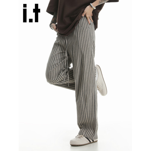 it :5cm/FIVECM美式松緊腰條紋濶腿褲男女款2025夏季休閒直筒長褲