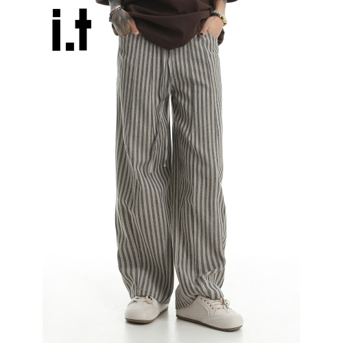it :5cm/FIVECM美式松緊腰條紋濶腿褲男女款2025夏季休閒直筒長褲