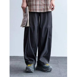 日系潮牌夏季冰絲直筒休閒褲男士美式戶外涼感拼接褶皺垂感濶腿褲