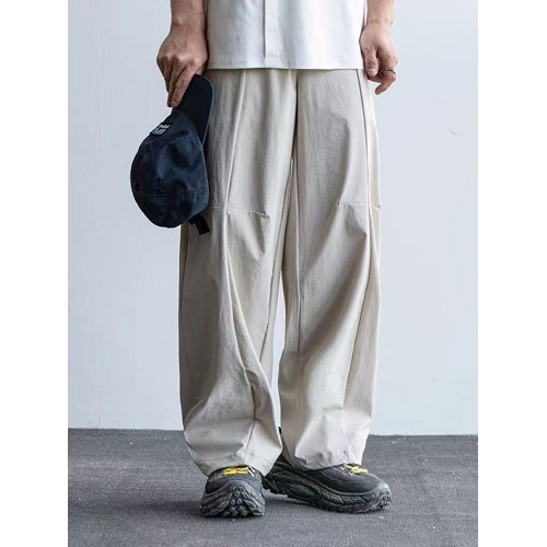 日系潮牌夏季冰絲直筒休閒褲男士美式戶外涼感拼接褶皺垂感濶腿褲