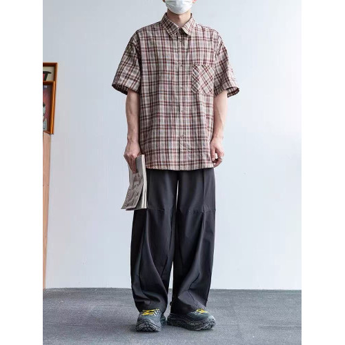 日系潮牌夏季冰絲直筒休閒褲男士美式戶外涼感拼接褶皺垂感濶腿褲