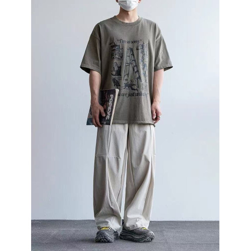 日系潮牌夏季冰絲直筒休閒褲男士美式戶外涼感拼接褶皺垂感濶腿褲