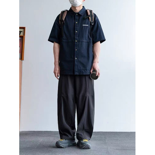 日系潮牌夏季冰絲直筒休閒褲男士美式戶外涼感拼接褶皺垂感濶腿褲