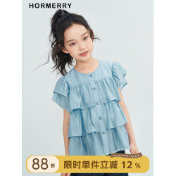 赫米童裝2025夏季新款花邊蛋糕小飛袖娃娃衫女童短袖襯衫森系開衫