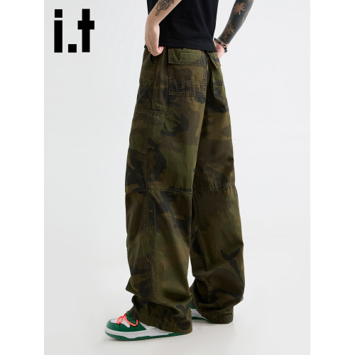 it :5cm/FIVECM拼接軍綠色迷彩工裝褲男女美式潮牌休閒寬松濶腿褲