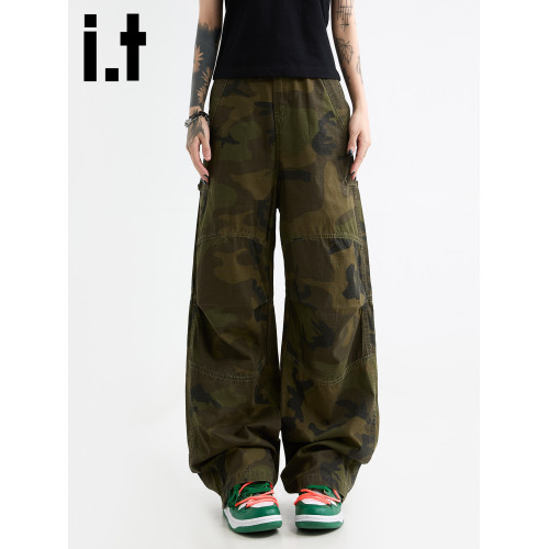 it :5cm/FIVECM拼接軍綠色迷彩工裝褲男女美式潮牌休閒寬松濶腿褲