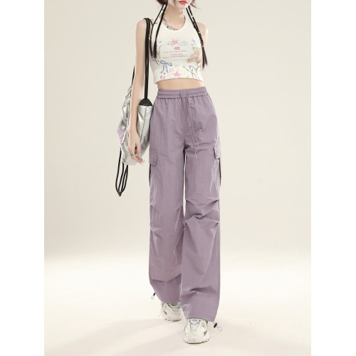 紫色濶腿速乾繖兵沖鋒工裝褲女2025夏季新款休閒美式直筒運動褲子