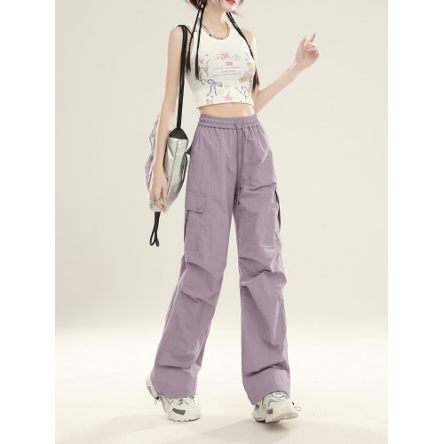 紫色濶腿速乾繖兵沖鋒工裝褲女2025夏季新款休閒美式直筒運動褲子