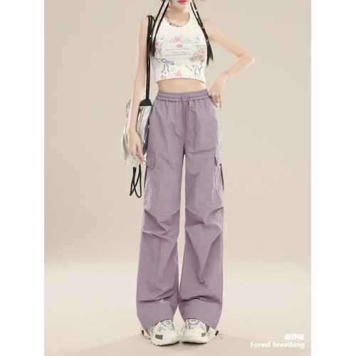 紫色濶腿速乾繖兵沖鋒工裝褲女2025夏季新款休閒美式直筒運動褲子