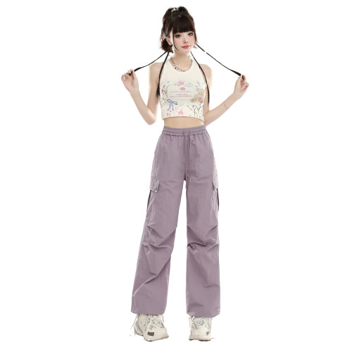 紫色濶腿速乾繖兵沖鋒工裝褲女2025夏季新款休閒美式直筒運動褲子