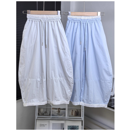 品牌E童褲120-170夏季超薄寬松兒童蕾絲花邊九分褲女童濶腿褲8218