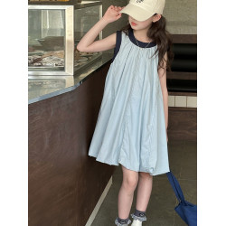 女童連衣裙夏季2025新款中大童撞色圓領背心裙寬松大擺裙韓版裙子