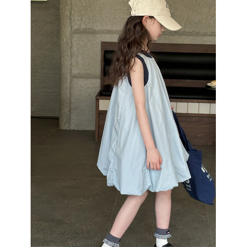 女童連衣裙夏季2025新款中大童撞色圓領背心裙寬松大擺裙韓版裙子