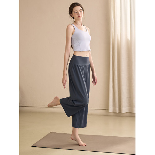 濶腿高腰瑜伽褲女七分褲寬松顯瘦垂墜感運動褲跑步直筒健身褲夏季