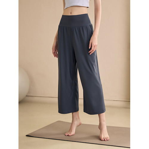 濶腿高腰瑜伽褲女七分褲寬松顯瘦垂墜感運動褲跑步直筒健身褲夏季