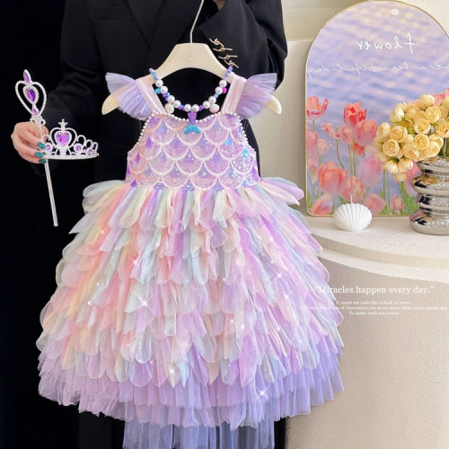 泡泡家 女童蛋糕漸變紫連衣裙兒童夏季美人魚洛麗塔公主生日禮服