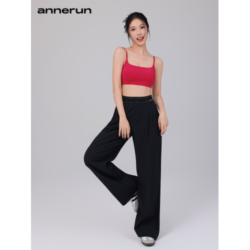 annerun涼感運動褲女休閒濶腿垂感直筒褲腰線提升設計顯瘦瑜伽褲