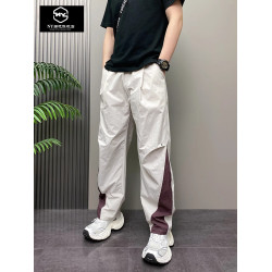 NY美式條紋休閒褲男2025新款夏季拼接褶皺感直筒濶腿褲機能褲男款