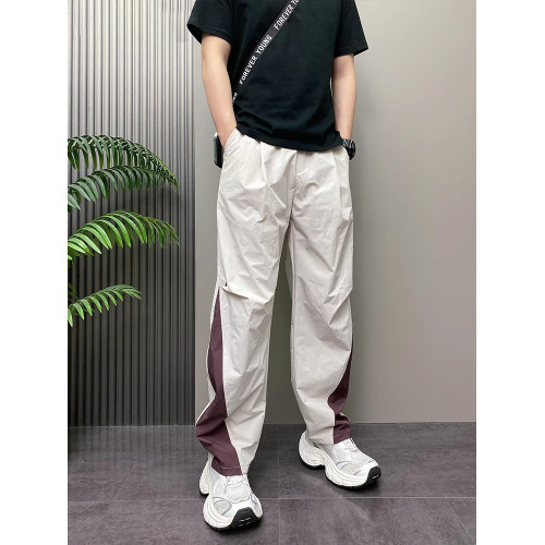 NY美式條紋休閒褲男2025新款夏季拼接褶皺感直筒濶腿褲機能褲男款