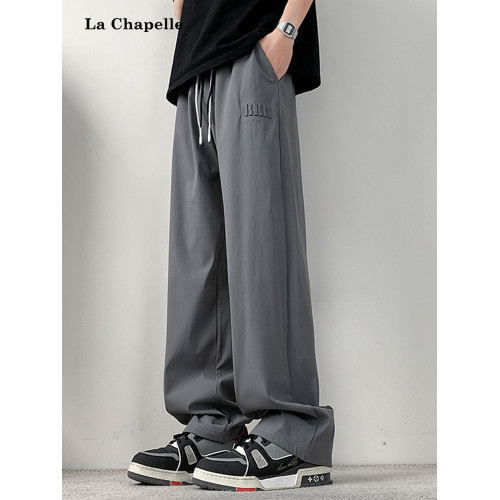 拉夏貝爾青少年冰絲濶腿褲男士夏季薄款加肥加大碼運動直筒休閒褲