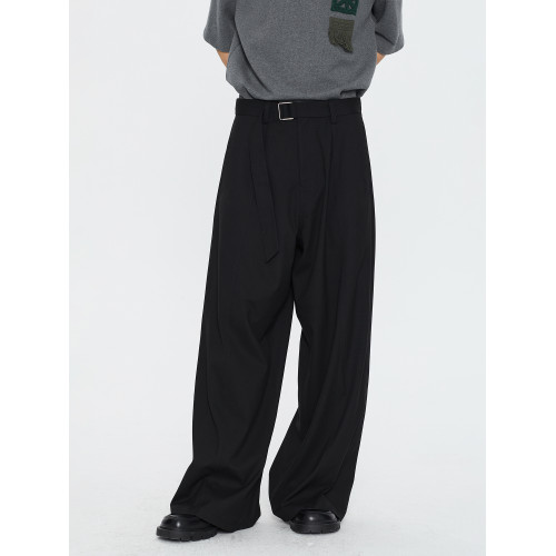 Simple Project TR混紡弧形分割腰帶濶腿褲 寬松拖地西褲寬腿長褲