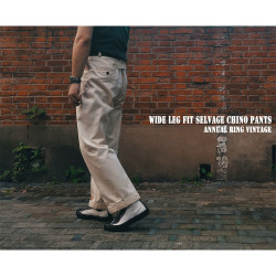 AnnualRing美式復古Chino高腰赤耳濶腿褲 寬松直筒白色休閒卡其褲