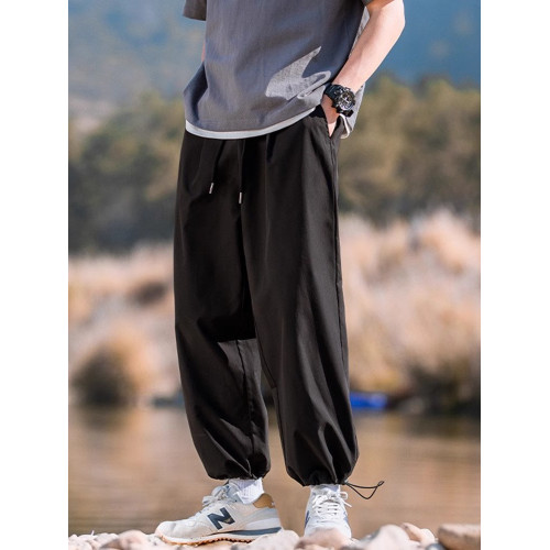 抽繩運動束腳褲春秋夏季薄款寬松休閒濶腿褲直筒衛褲男生工裝褲子