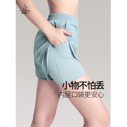 梵美人假兩件瑜伽褲專業晨跑短褲帶口袋顯瘦遮胯速乾三分褲運動褲