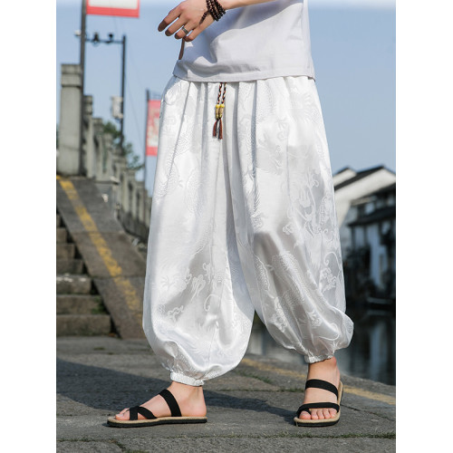 春夏薄款冰絲垂感褲子男風龍紋印花燈籠哈倫褲寬松休閒濶腿褲