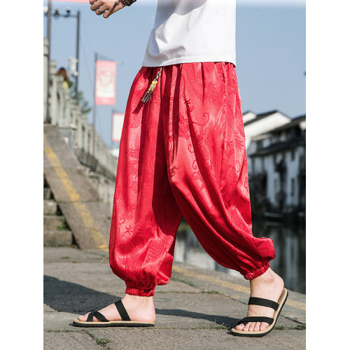 春夏薄款冰絲垂感褲子男風龍紋印花燈籠哈倫褲寬松休閒濶腿褲