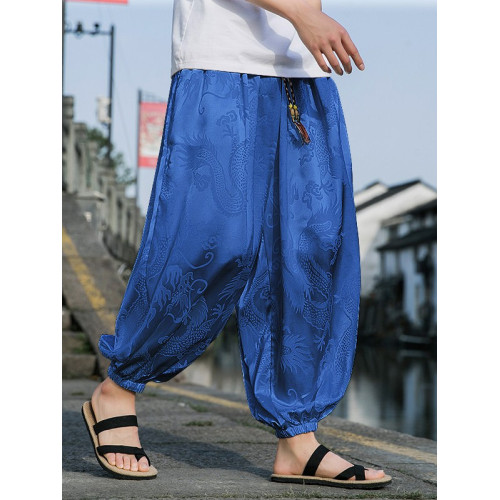 春夏薄款冰絲垂感褲子男風龍紋印花燈籠哈倫褲寬松休閒濶腿褲