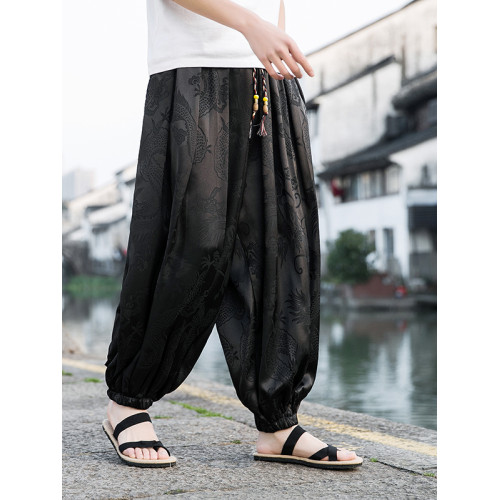 春夏薄款冰絲垂感褲子男風龍紋印花燈籠哈倫褲寬松休閒濶腿褲
