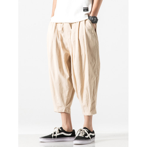 LAZY DAY原創男裝日系純色棉亞麻褲男夏季寬松休閒薄款七分燈籠褲