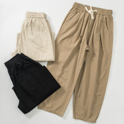 春夏薄款純棉褲子簡約日系復古濶腿褲ins直筒寬松九分褲休閒褲男